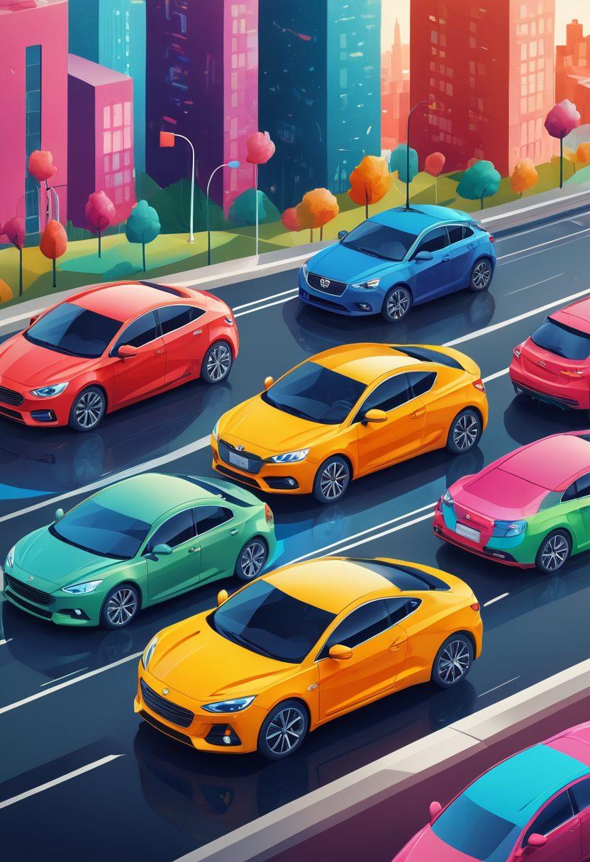 A visually striking illustration of a diverse group of drivers looking at various auto insurance options on a digital tablet, surrounded by icons representing comprehensive coverage, affordability, and security. Bright and engaging colors emphasize a sense of community and informed choices. The background features an abstract cityscape, symbolizing connectivity and modern technology. super-realistic. vibrant colors. digital art.