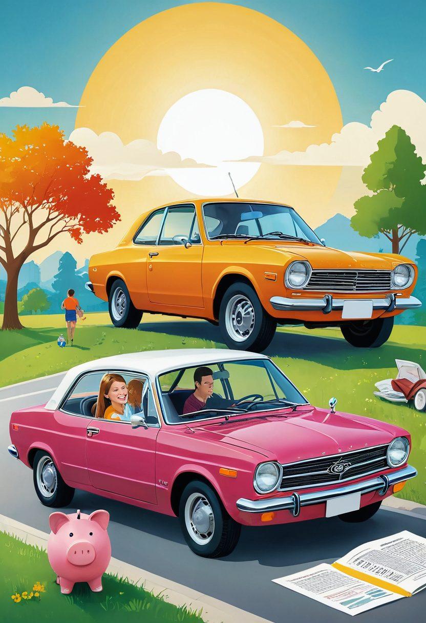 A visually engaging cover showing a cheerful family examining various car insurance documents under a bright sun with a budget-friendly and friendly atmosphere. Include symbols of cars, savings, and affordability like piggy banks and smiling dollar signs in the background. Blend in a transparent key to symbolize 'unlocking secrets'. vibrant colors. flat design. white background.