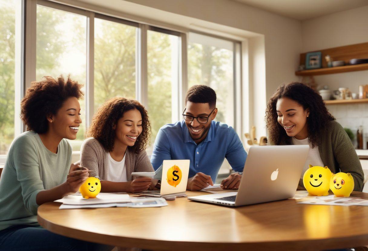 A cheerful family comparing car insurance options on a laptop at a cozy dining table, surrounded by floating icons of dollar signs, discount tags, and calculators to symbolize savings. A car parked outside the window, with a sunny atmosphere enhancing the feel of financial freedom and security. super-realistic. vibrant colors. soft background.